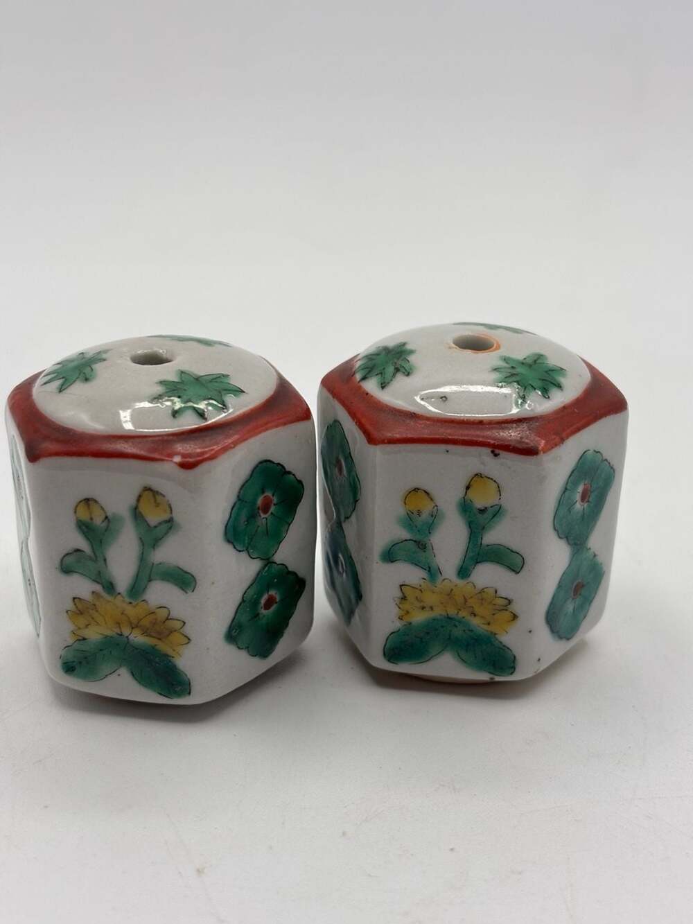 Vintage Japanese Kutani Hand Painted Porcelain Hexagonal Salt Shakers